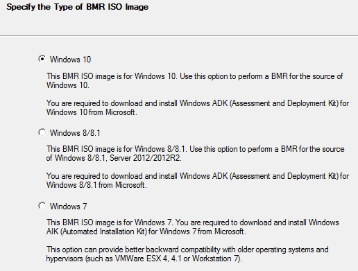 The types of BMR ISO images are displayed on the dialog.