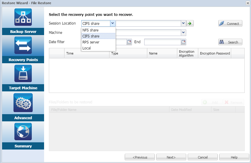 The screen displays the recovery points page in File level restore of host-based agentless backup