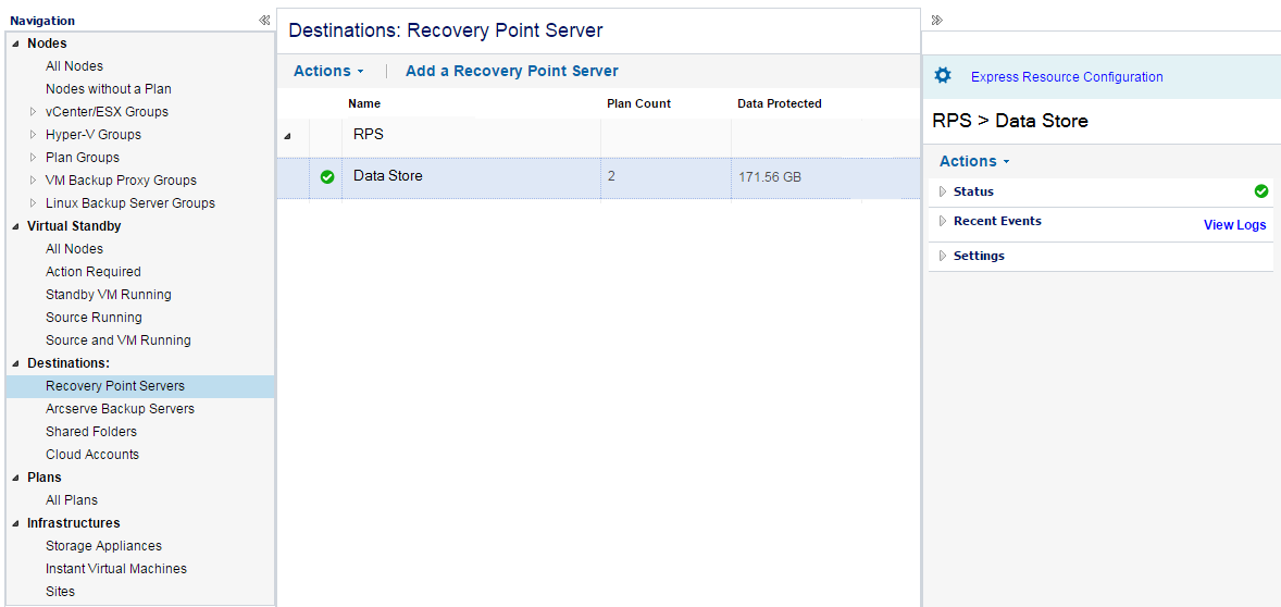 Destination management showin recovery point server