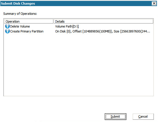 Bare Metal Recovery - Submit Disk Changes dialog.