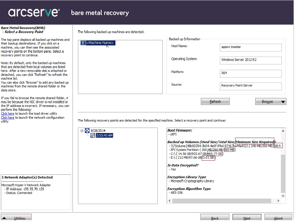 Bare Metal Recovery - Specify a Recovery Point - information populated.