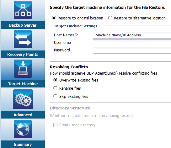 Target Machine details for File level restore