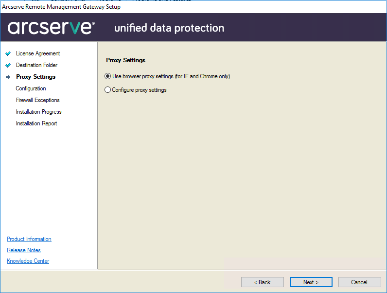 Proxy settings page of Arcserve remote management gateway setup