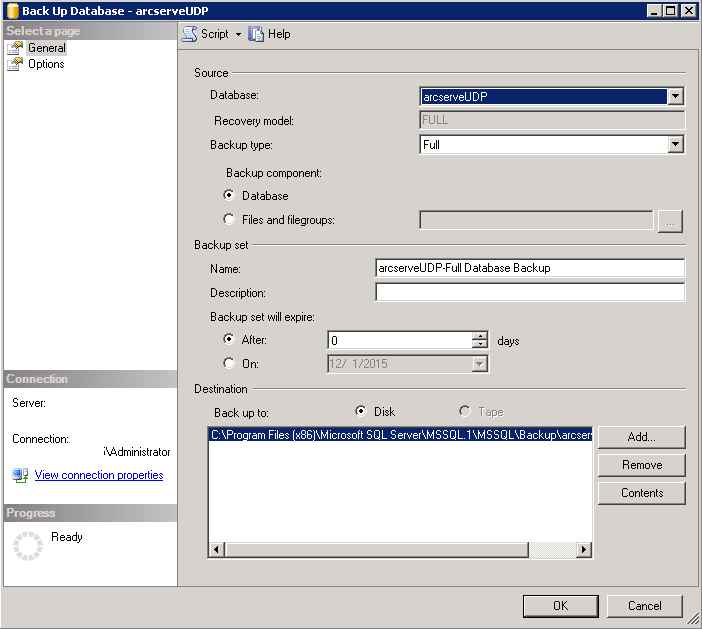 Configure backup destination on the Database