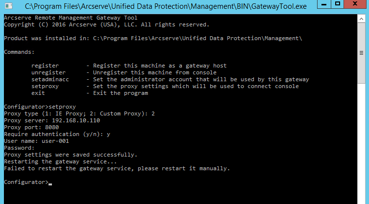 Command line displaying setproxy service for gateway credential update