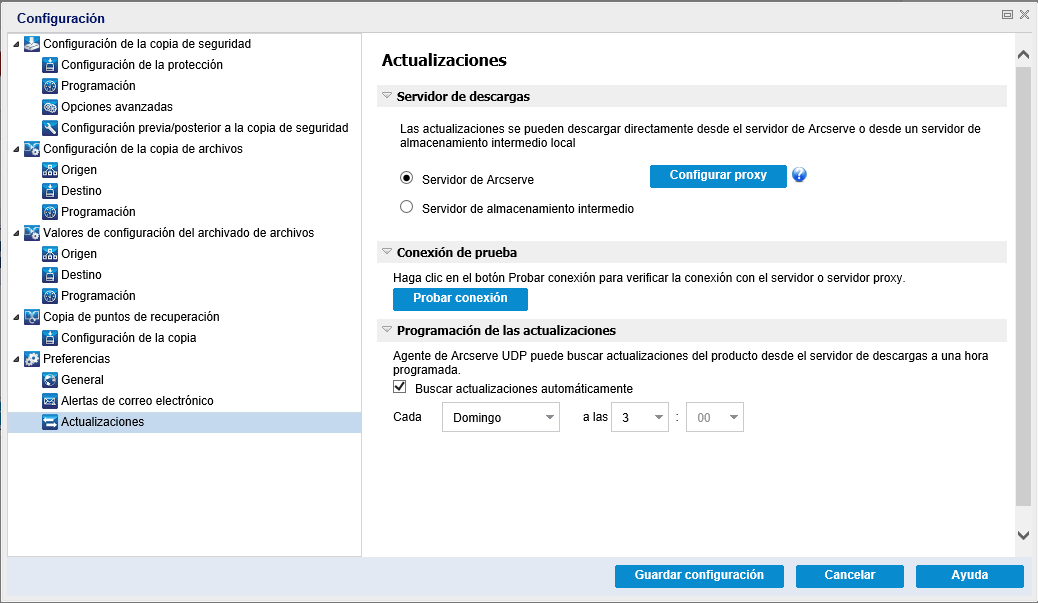 Valores de configuración Preferencias - Cuadro de diálogo Actualizaciones