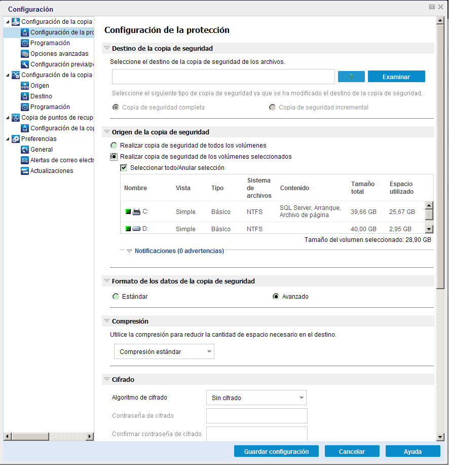 Realizar copia de seguridad ahora - Configuración de protección