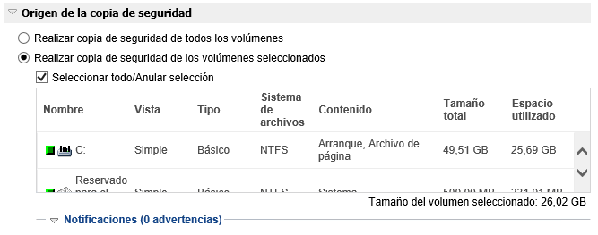 Configuración de protección - Seleccionar volumen
