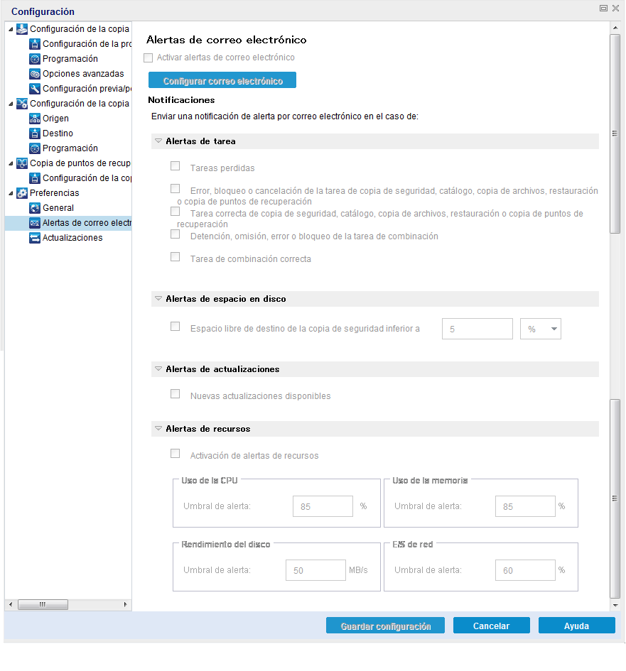Valores de configuración Preferencias - Cuadro de diálogo Alertas de correo electrónico