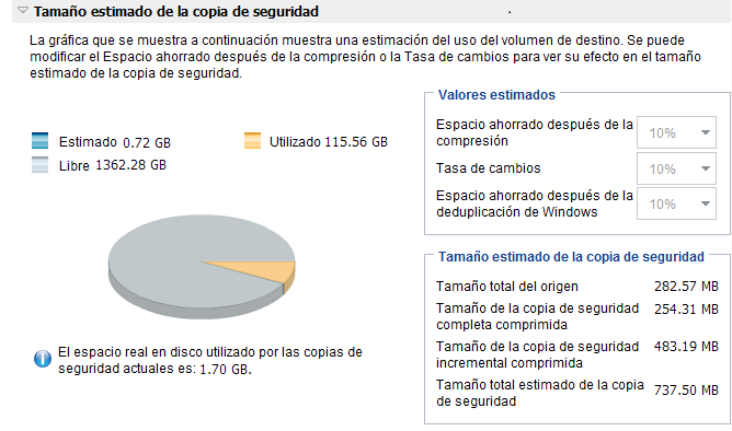 Cálculo de espacio de copia de seguridad
