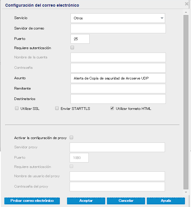 Configuración de la copia de seguridad - cuadro de diálogo de la configuración del correo electrónico