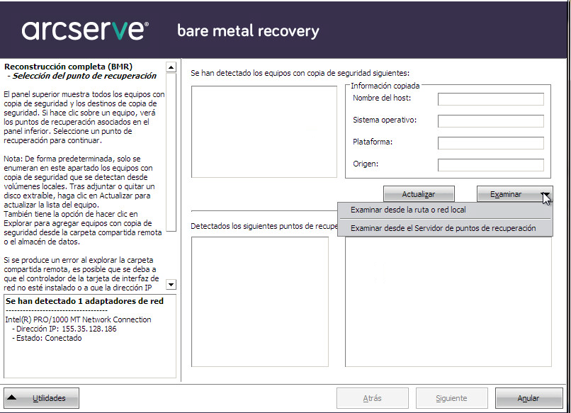 Reconstrucción completa - Cuadro de diálogo Especificar un punto de recuperación.