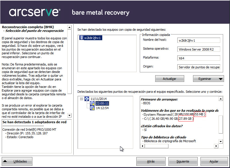 Reconstrucción completa - Especificar un punto de recuperación - Información rellenada.