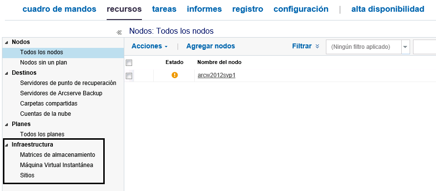 Vista de gestión de infraestructura en la Consola
