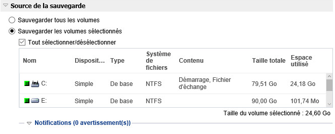 Paramètres de protection - Sélectionner le volume