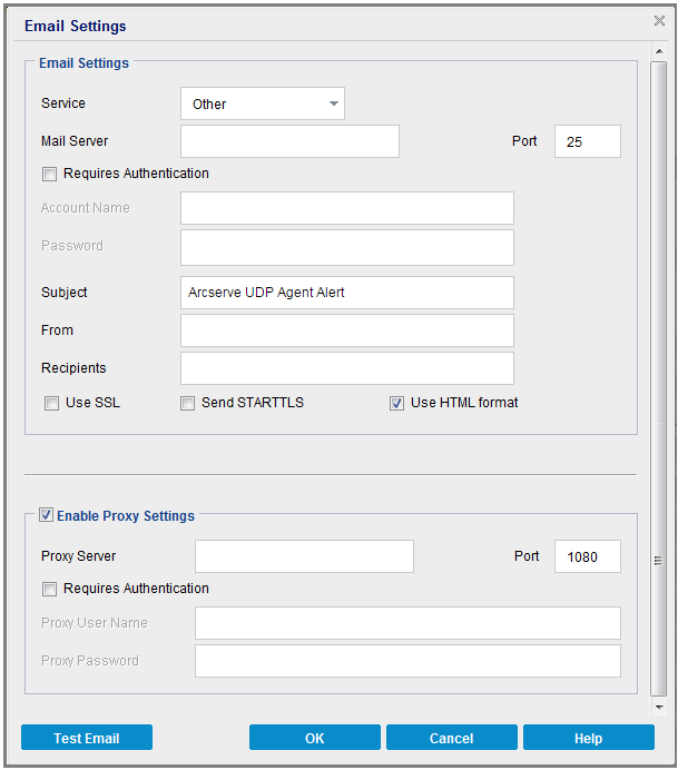 Finestra di dialogo di configurazione backup - Impostazioni di posta elettronica
