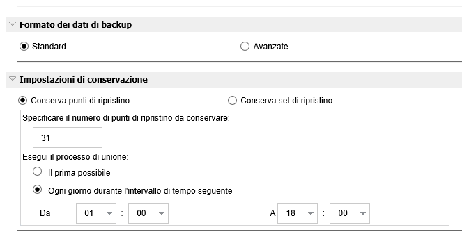 Esegui backup - Impostazioni di protezione