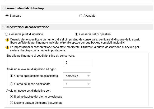 Esegui backup - Impostazioni di protezione