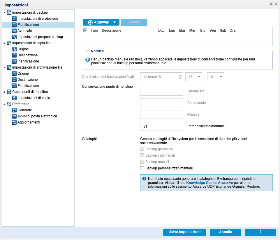 Esegui backup - Pianificazione