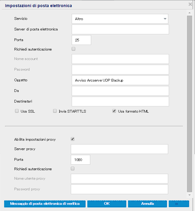 Finestra di dialogo di configurazione backup - Impostazioni di posta elettronica