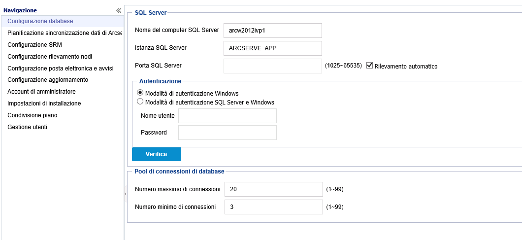 Finestra di dialogo Configurazione database