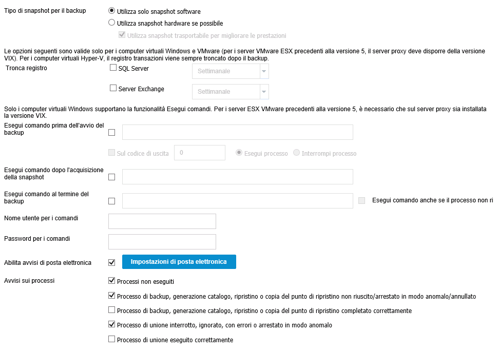 Opzioni avanzate per il piano di backup senza agente