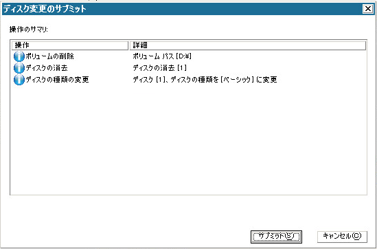 ベア メタル復旧 - ［ディスク変更のサブミット］ダイアログ ボックス