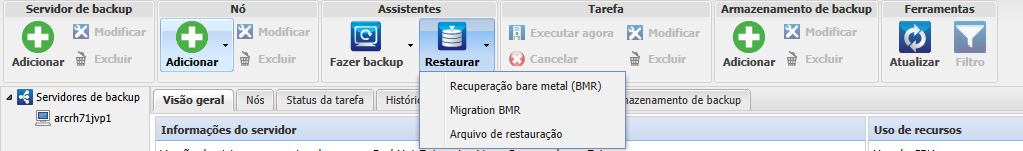A tela exibe as opções de restauração no agente Linux