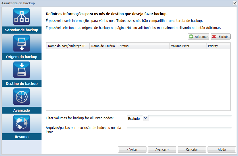Página Origem de backup no agente Linux