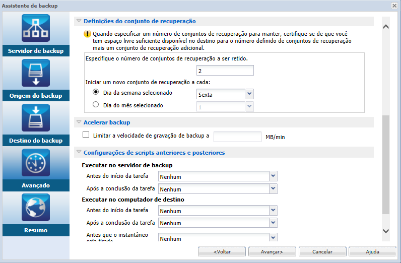 Página Avançado do Assistente de backup