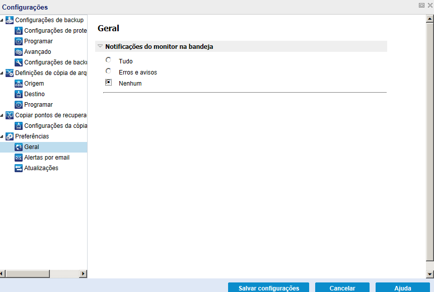 caixa de diálogo Preferences Settings - Geral