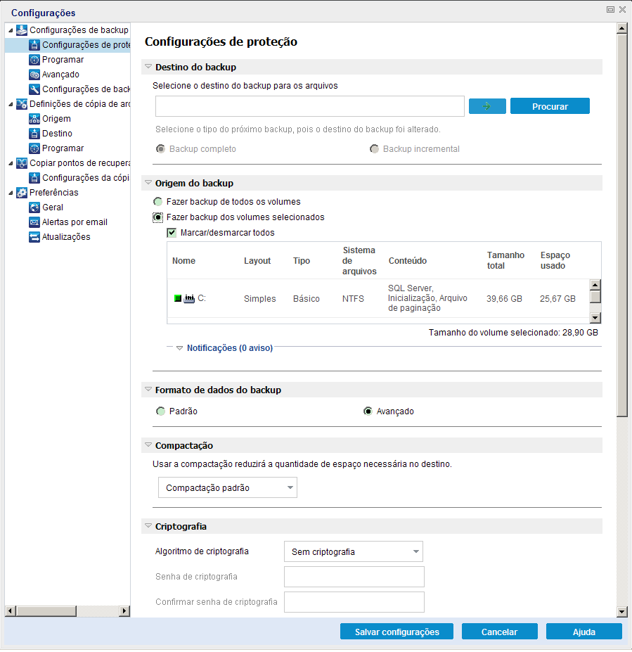 Fazer backup agora - Configurações de proteção