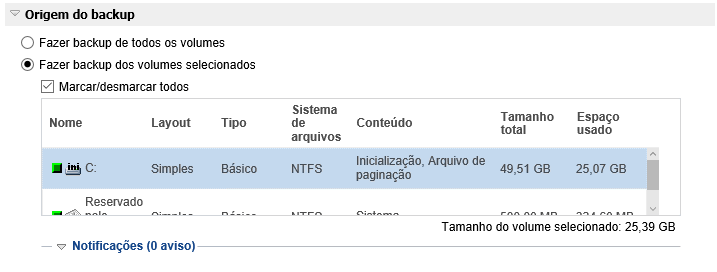 Configurações de proteção - Selecionar o volume