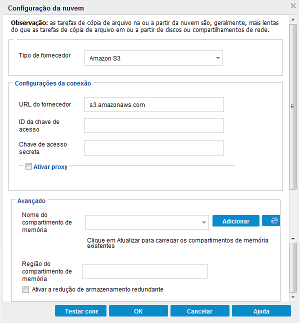 Caixa de diálogo Configuração de nuvem- Cópia de arquivo