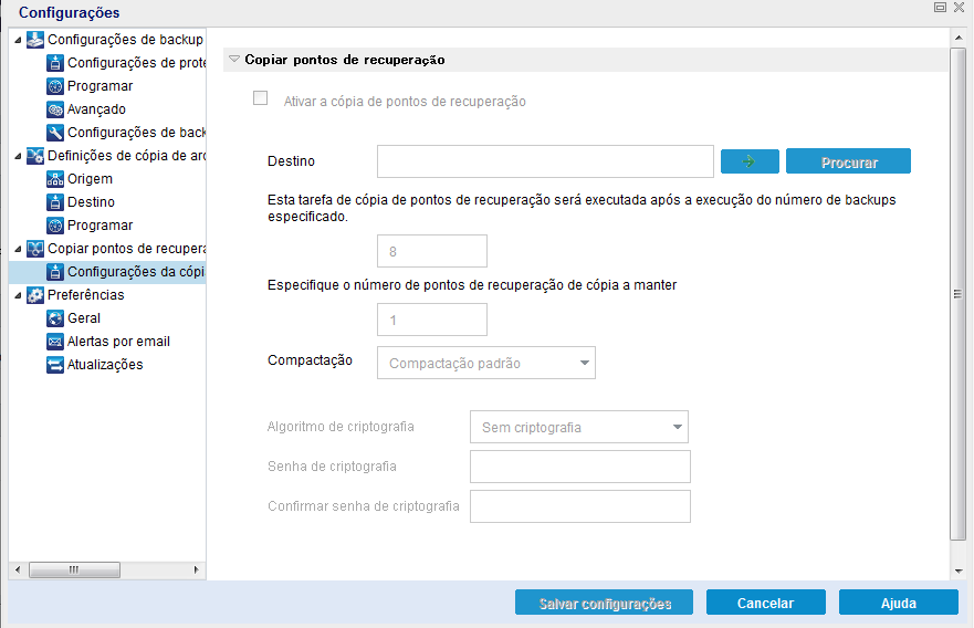Esta imagem exibe as opções disponíveis para configurar as configurações de cópia do ponto de recuperação