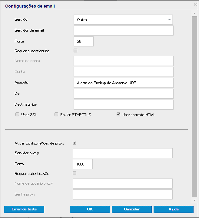 Configuração de backup - caixa de diálogo Configurações de email