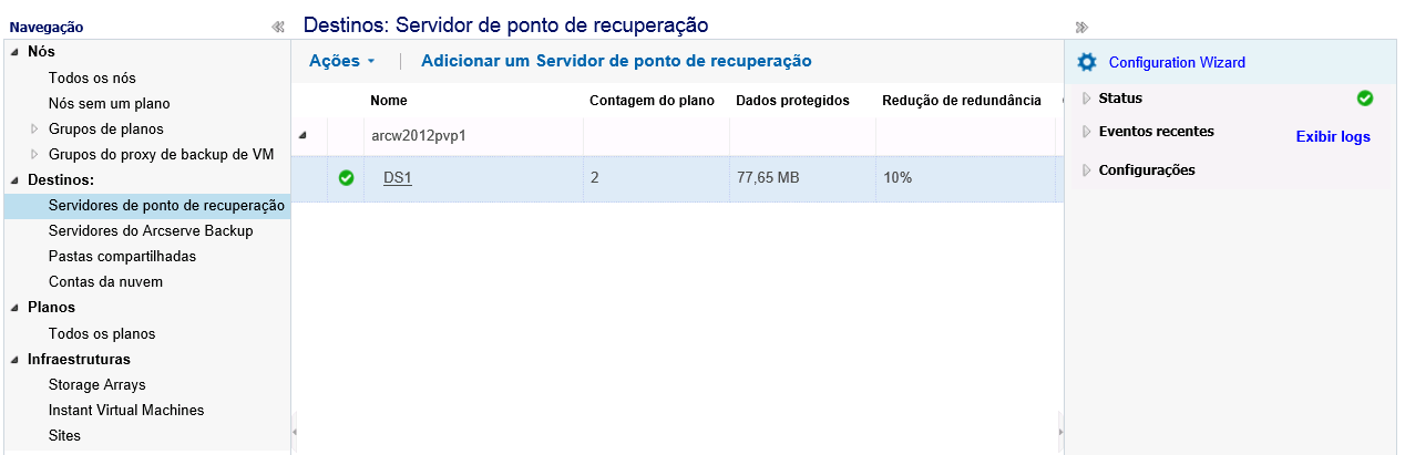Gerenciamento de destino exibido no servidor de ponto de recuperação