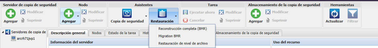La pantalla muestra las opciones de restauración del Agente para Linux.