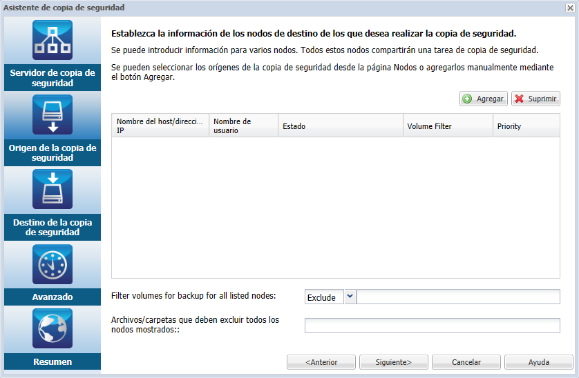 Página Origen de la copia de seguridad del Agente para Linux