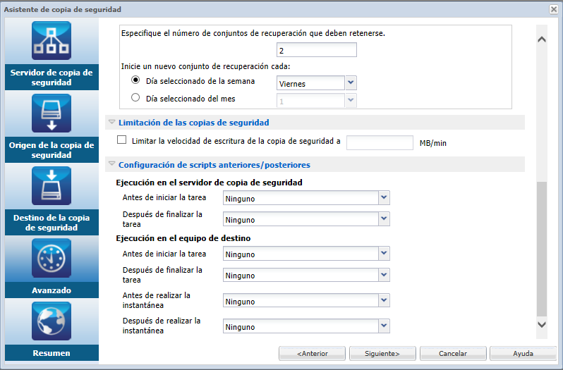 Página Configuración avanzada del Asistente de copia de seguridad