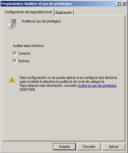Cuadro de diálogo de propiedades de Auditar el acceso a objetos