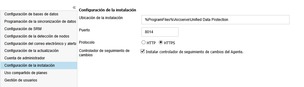 Configuración de la instalación en la ficha de configuración