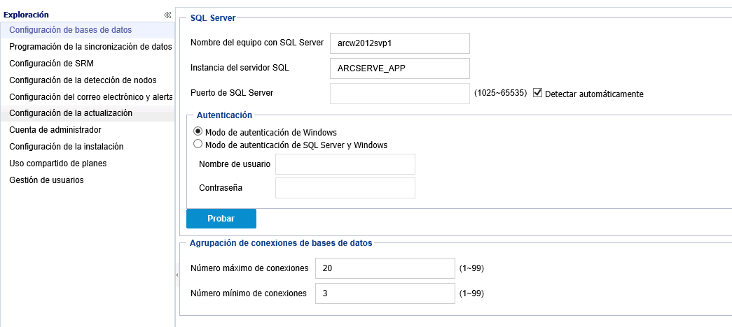 Cuadro de diálogo Configuración de bases de datos