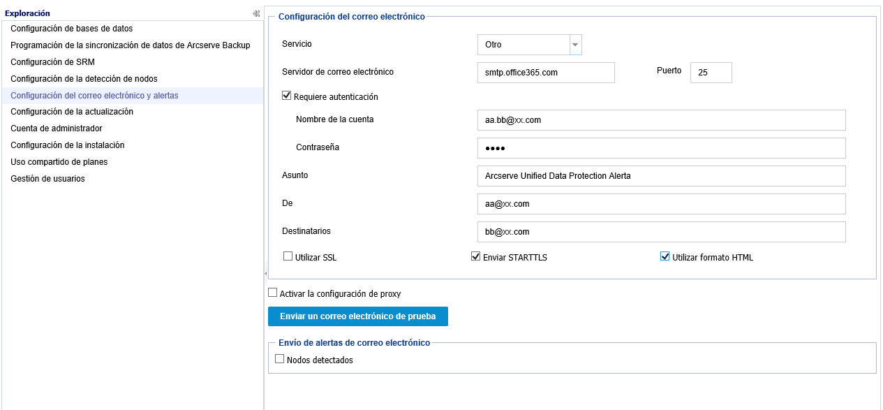 Cuadro de diálogo Configuración del correo electrónico y de alertas