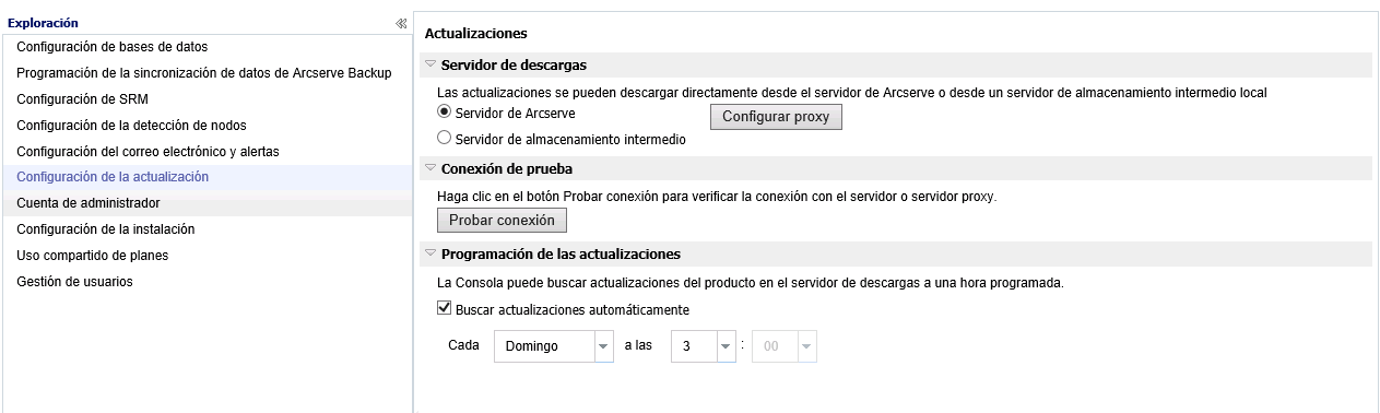 Cuadro de diálogo Configuración de actualizaciones