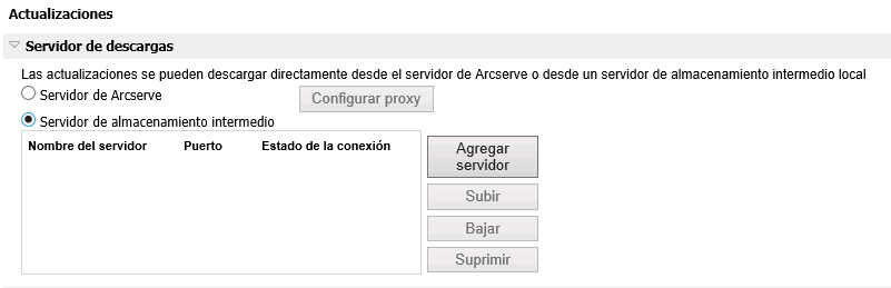 Cuadro de diálogo Servidor de descargas en Configuración de actualizaciones