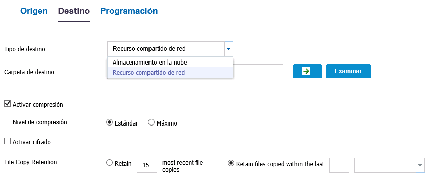 Cuadro de diálogo File copy destination (Destino de la copia del archivo)
