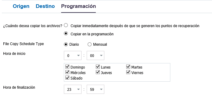 Cuadro de diálogo File Copy schedule (Programación de la copia de archivo)