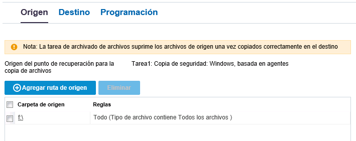 Cuadro de diálogo File archive source (Origen de archivado de archivos)