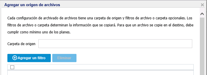 Cuadro de diálogo Add file archive source and filter (Agregar origen de archivado de archivos y filtrar)